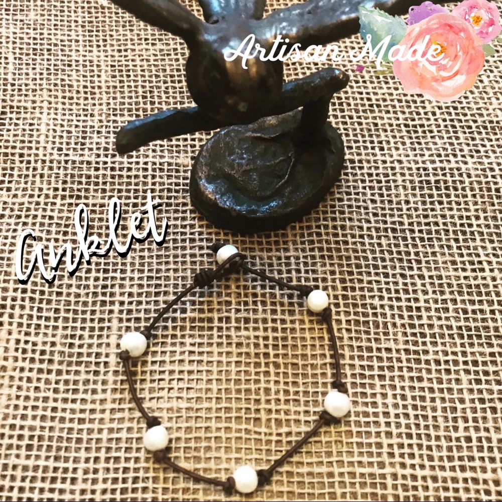 NEW Leather Freshwater Pearl Basic Anklet - Picture 1 of 7